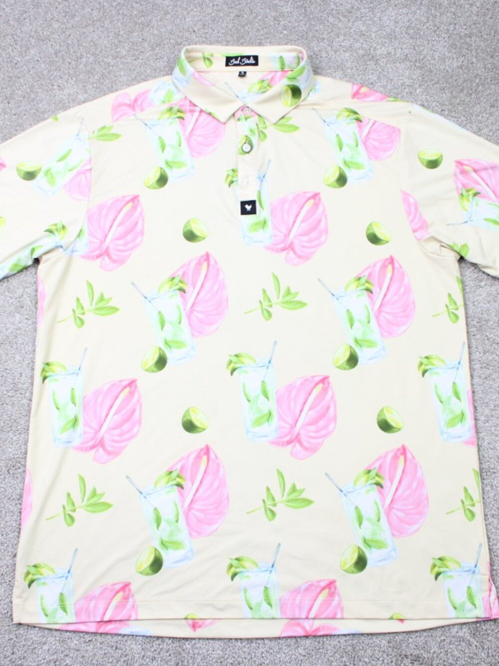 Bad Birdie Mojito AOP Polo Shirt Mens XL Yellow/Pink Floral Golf Short Sleeve